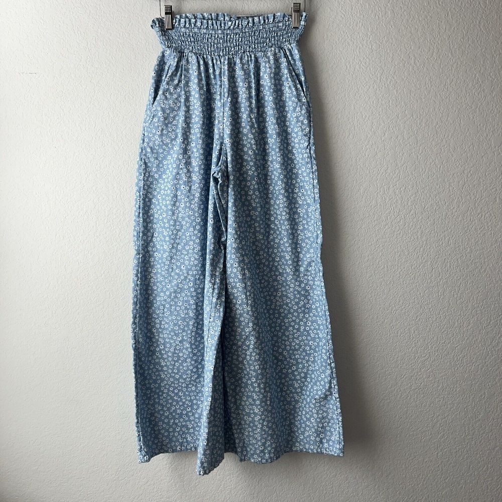 American Eagle XS Wide Leg Pants Paperbag Waistband Pink White Floral
